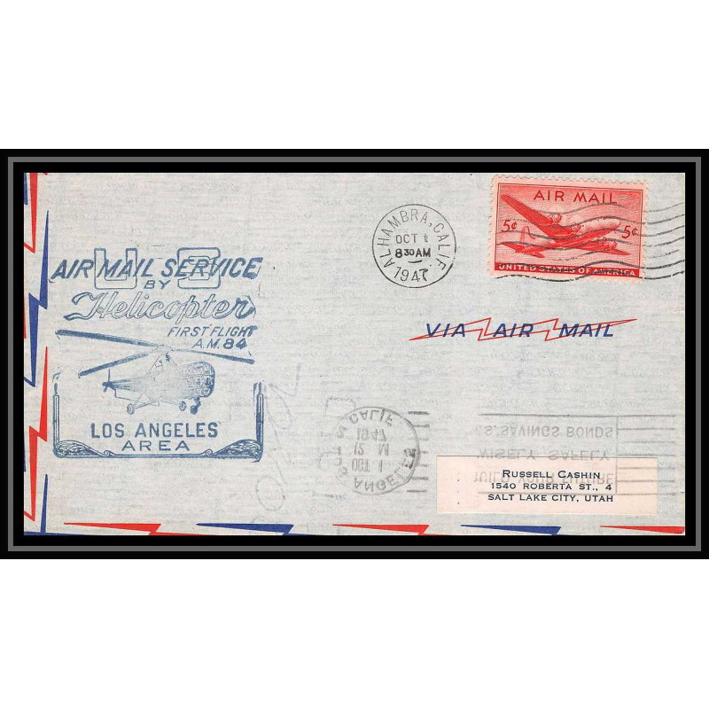 0937 Lettre USA Hélicoptère helicopter Aviation premier vol (Airmail cover first flight) 1947 Alhambra AM 84