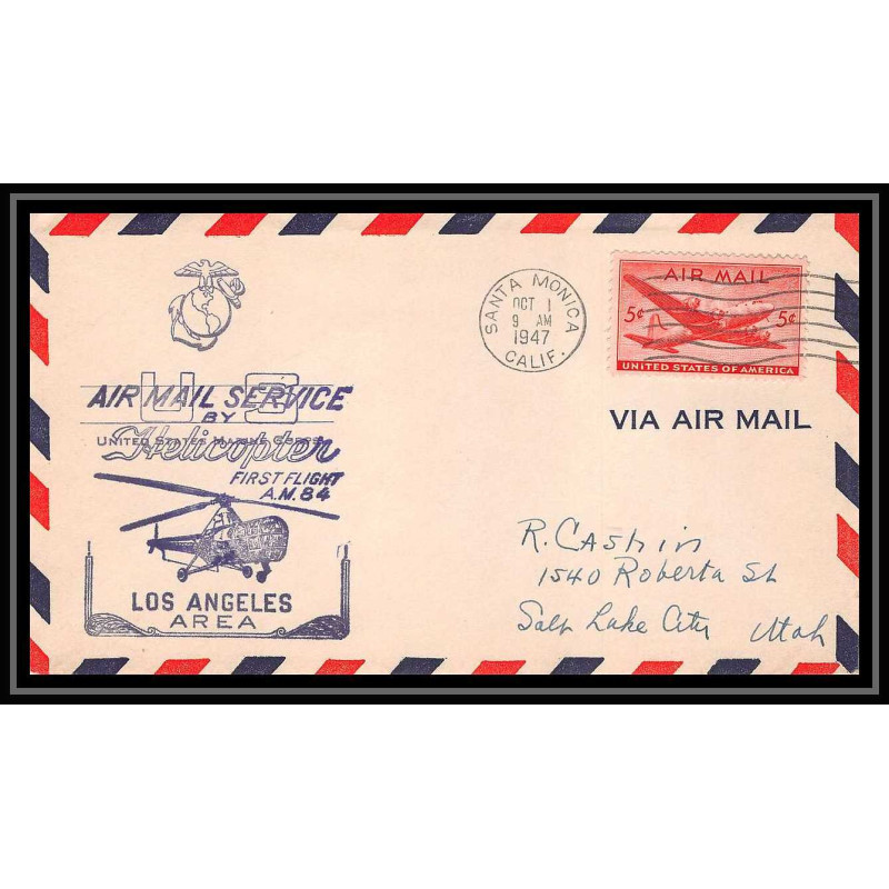 0938 Lettre USA Hélicoptère helicopter Aviation premier vol (Airmail cover first flight) 1947 Santa Monica AM 84