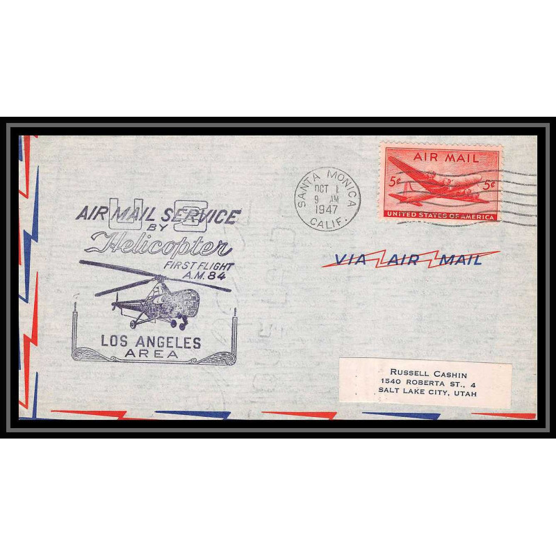 0939 Lettre USA Hélicoptère helicopter Aviation premier vol (Airmail cover first flight) 1947 Santa Monica AM 84