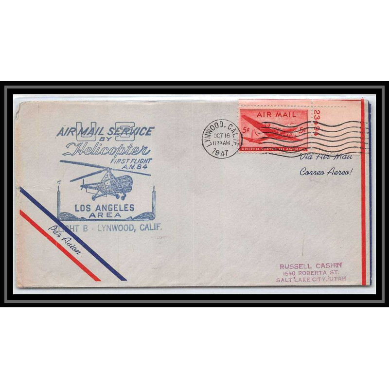 0947 Lettre USA Hélicoptère helicopter Aviation premier vol (Airmail cover first flight) 1947 Lynwood AM 84