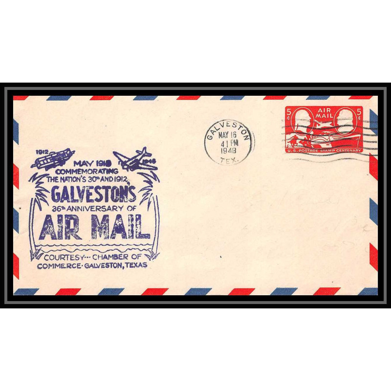 0961 lettre USA Aviation premier vol Airmail cover first flight aeroplane 1948 Galveston (Texas) 25th anniversary