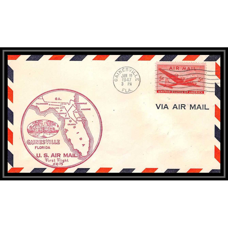 0962 lettre USA Aviation premier vol Airmail cover first flight aeroplane 1947 Gainesville, Florida am 75