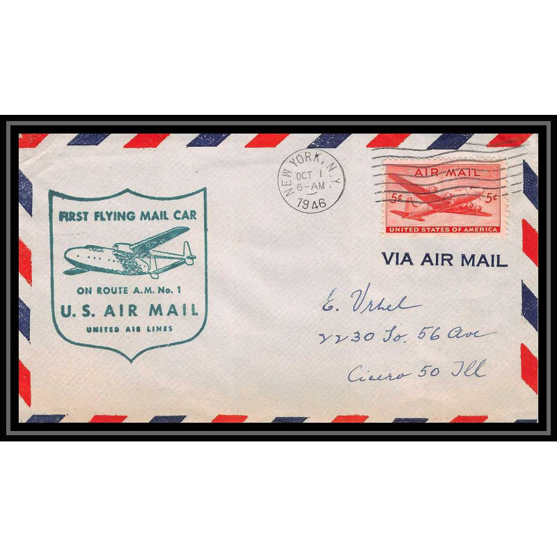 0963 lettre USA Aviation premier vol Airmail cover first flight Luftpost 1946 new york am 1 first flying mail car