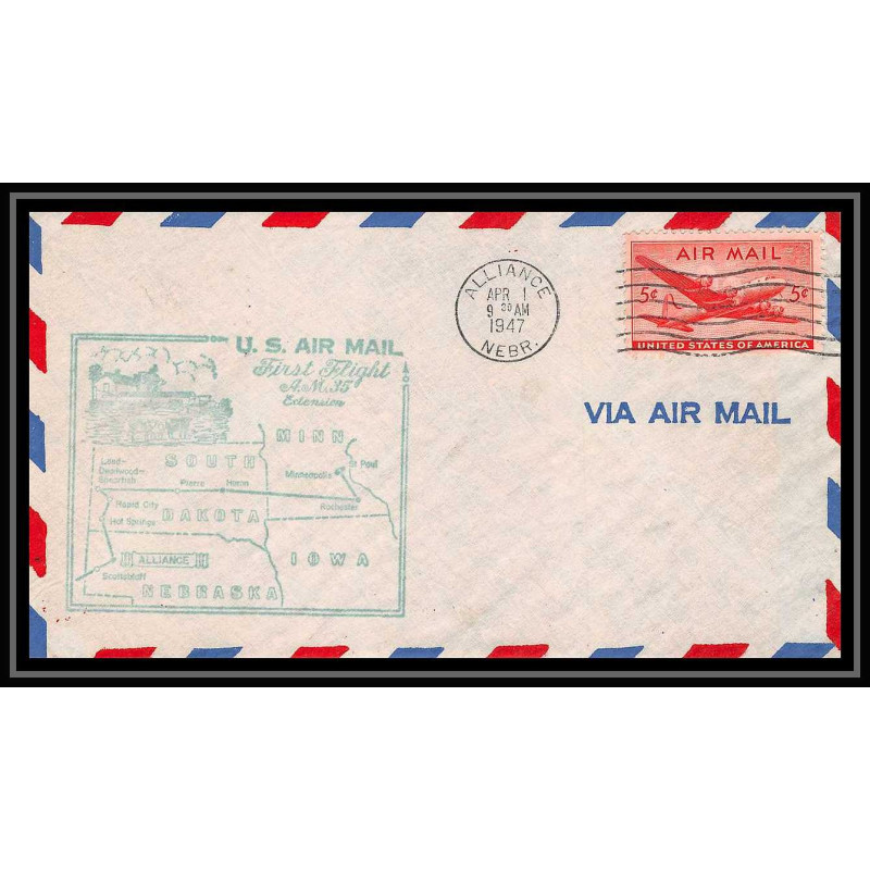 0966 lettre USA Aviation premier vol Airmail cover first flight aeroplane am 35 1947 Alliance, Nebraska