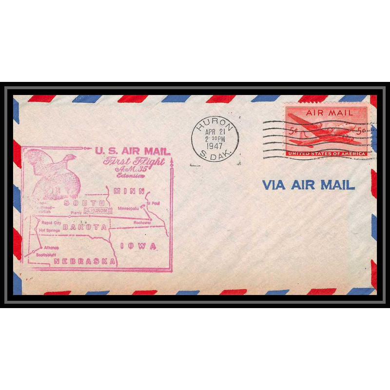 0967 lettre USA Aviation premier vol Airmail cover first flight aeroplane 1947 Huron, South Dakota AM 35