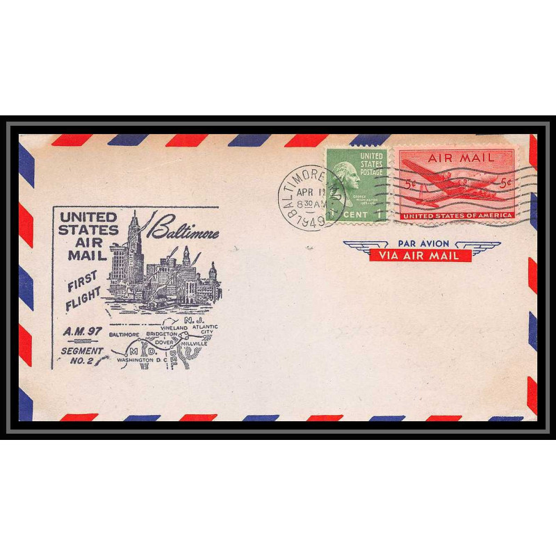 0968 lettre USA Aviation premier vol Airmail cover first flight aeroplane 1949 Baltimore AM 97