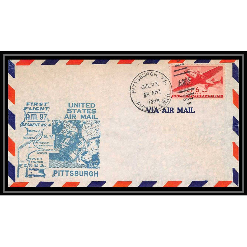 0969 lettre USA Aviation premier vol Airmail cover first flight aeroplane 1949 Pittsburg AM 97 