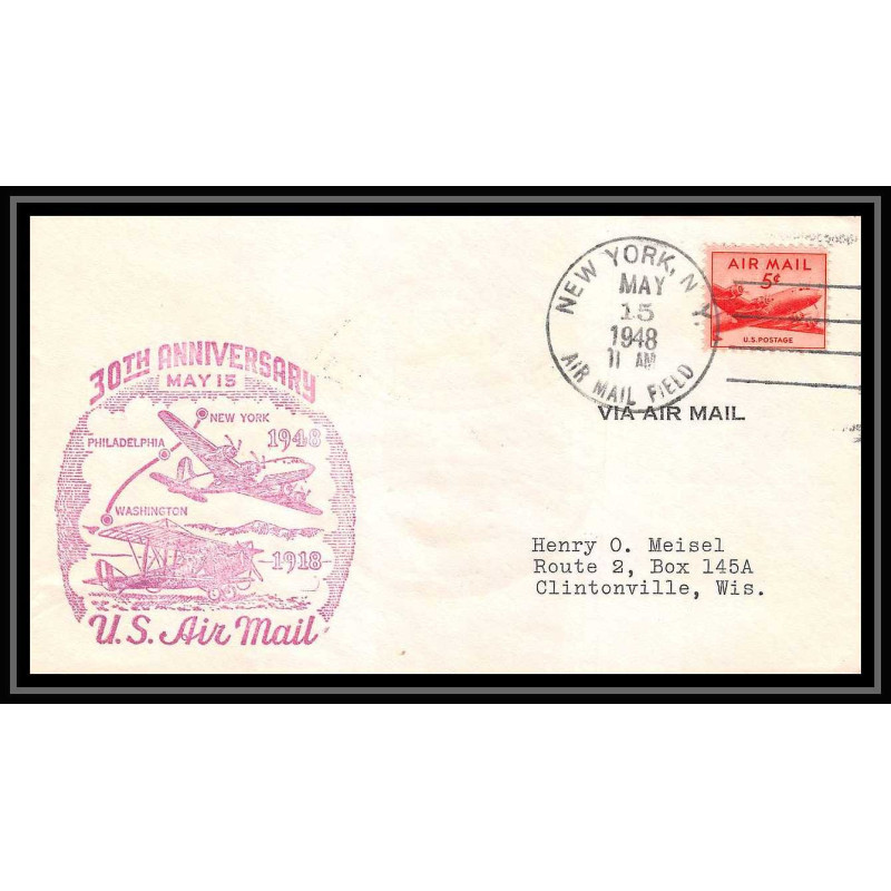 0973 lettre USA Aviation premier vol Airmail cover first flight aeroplane 1948 New York 30th anniversary 