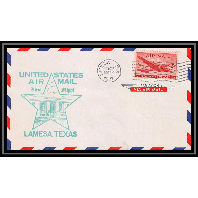 0974 lettre USA Aviation premier vol Airmail cover first flight aeroplane 1947 Lamesa, Texas