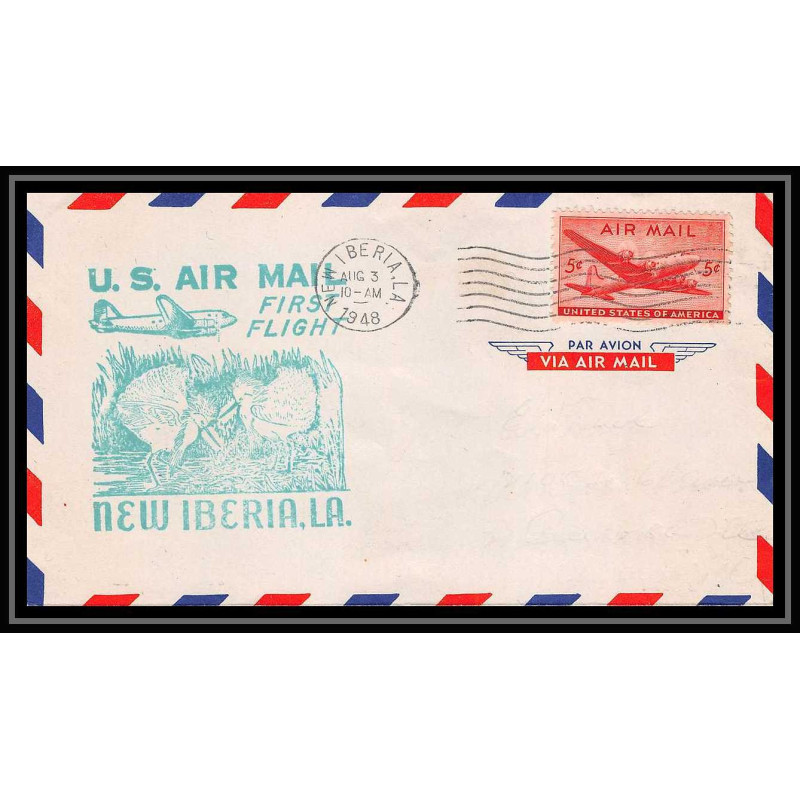 0975 lettre USA Aviation premier vol Airmail cover first flight aeroplane New Iberia, Louisiana 1948 