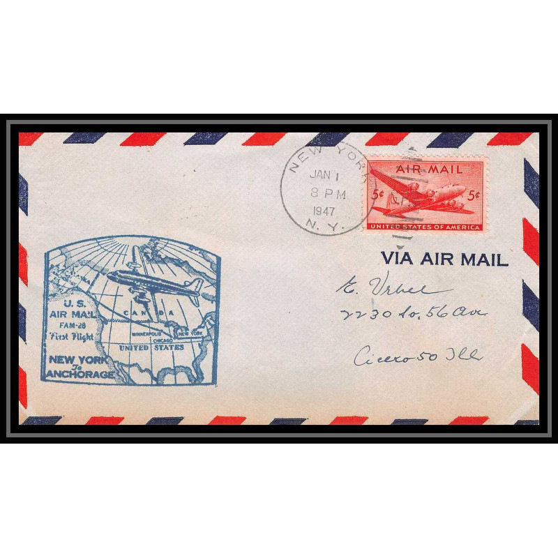 0976 lettre USA Aviation premier vol Airmail cover first flight aeroplane 1947 FAM 28 New York / Anchorage