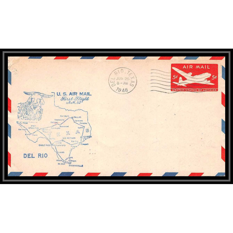 0978 lettre USA Aviation premier vol Airmail cover first flight aeroplane 1948 Del Rio, Texas am 82