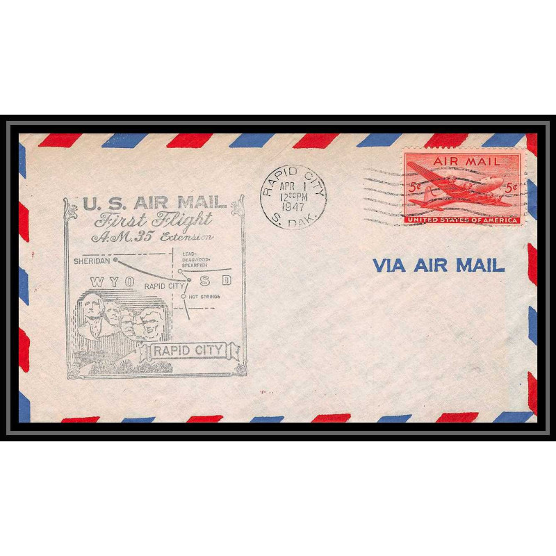 0979 lettre USA Aviation premier vol Airmail cover first flight aeroplane 1947 Rapid City am 35 extension