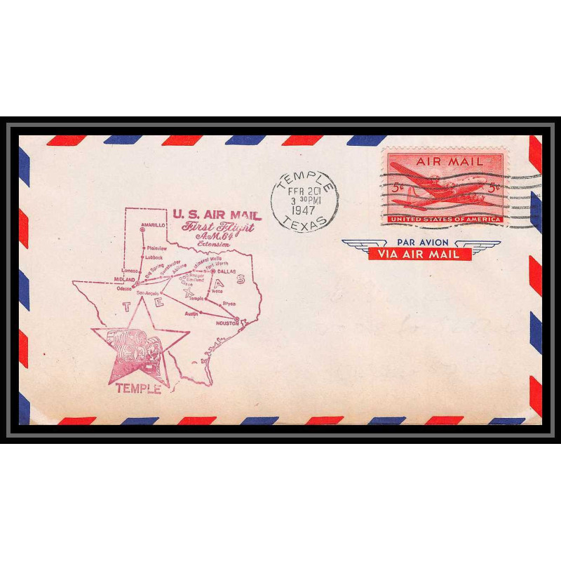 0985 lettre USA Aviation premier vol Airmail cover first flight aeroplane 1947 Temple, Texas am 64