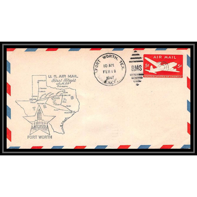 0985a lettre USA Aviation premier vol Airmail cover first flight aeroplane 1947 Fort Worth Texas am 64