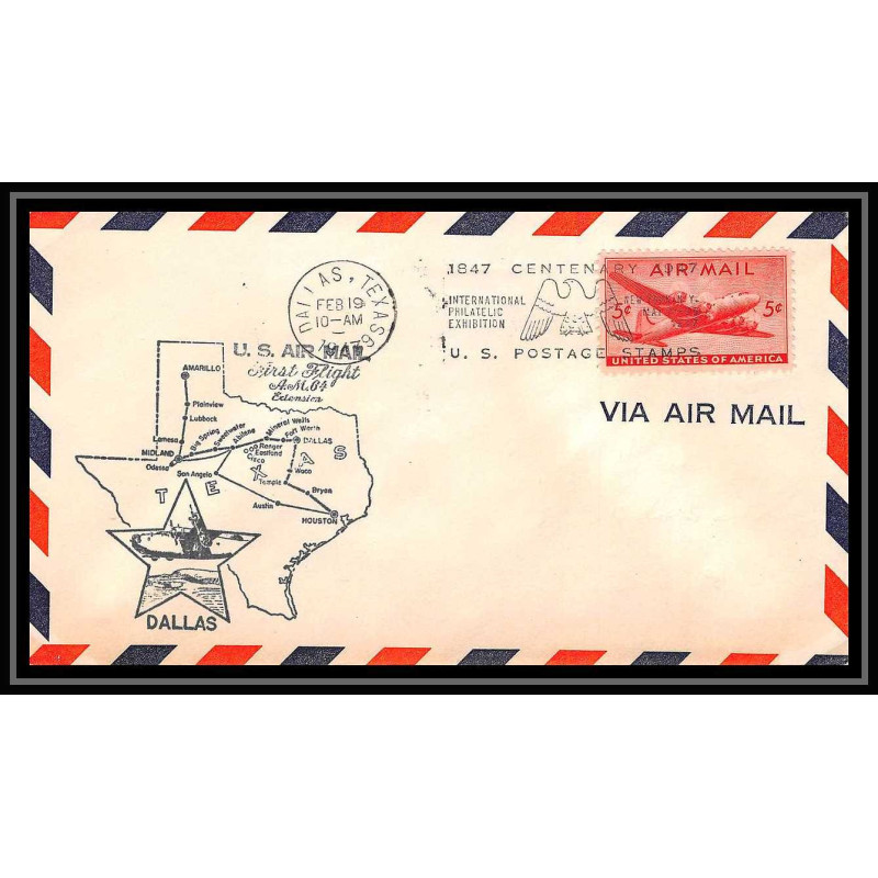 0985b lettre USA Aviation premier vol Airmail cover first flight aeroplane 1947 Dallas Texas am 64