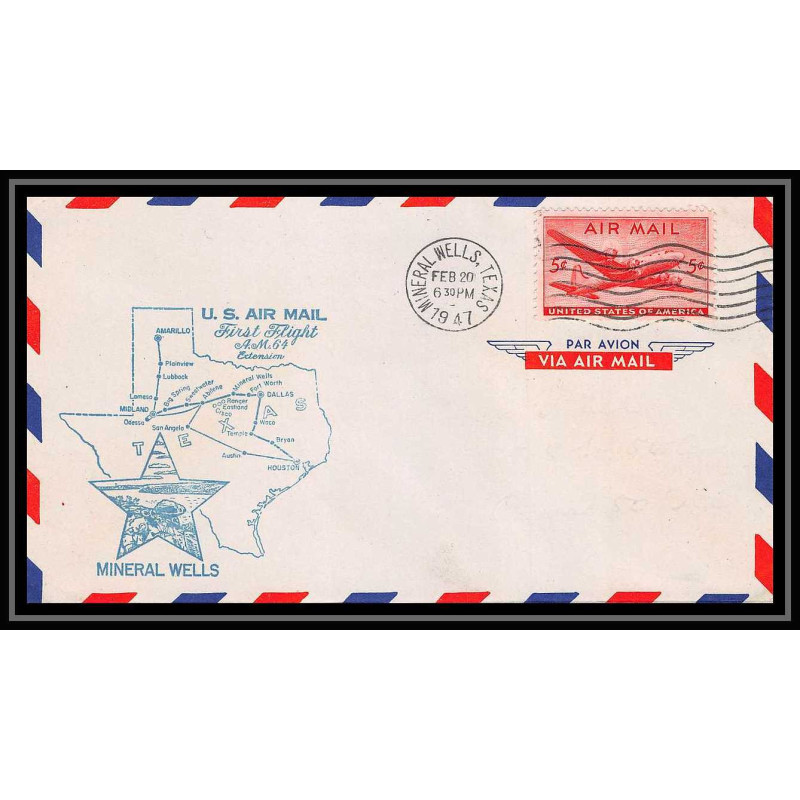 0985c lettre USA Aviation premier vol Airmail cover first flight aeroplane 1947 Mineral Wells Texas am 64