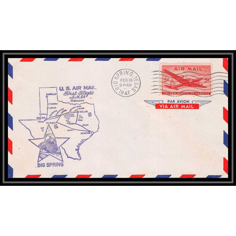 0985e lettre USA Aviation premier vol Airmail cover first flight aeroplane 1947 Big Spring Texas am 64