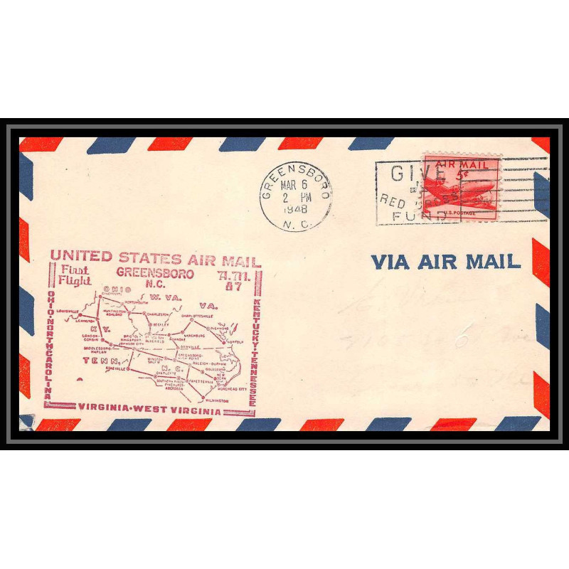 0986 lettre USA Aviation premier vol Airmail cover first flight aeroplane 1948 Greensboro Carolina am 87