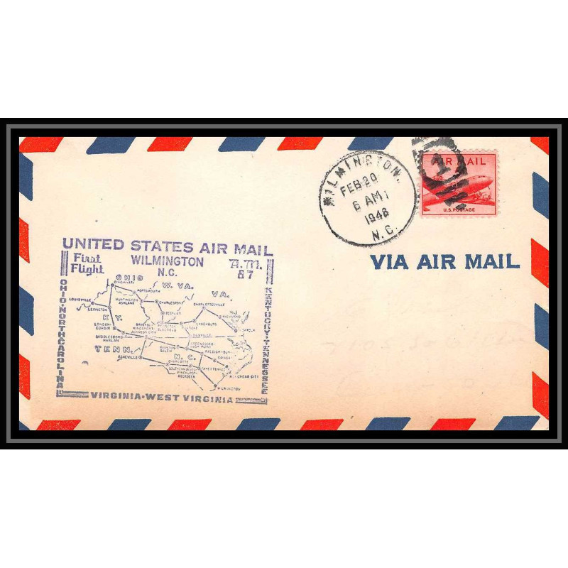 0986c lettre USA Aviation premier vol Airmail cover first flight aeroplane 1948 Wilmington Carolina am 87