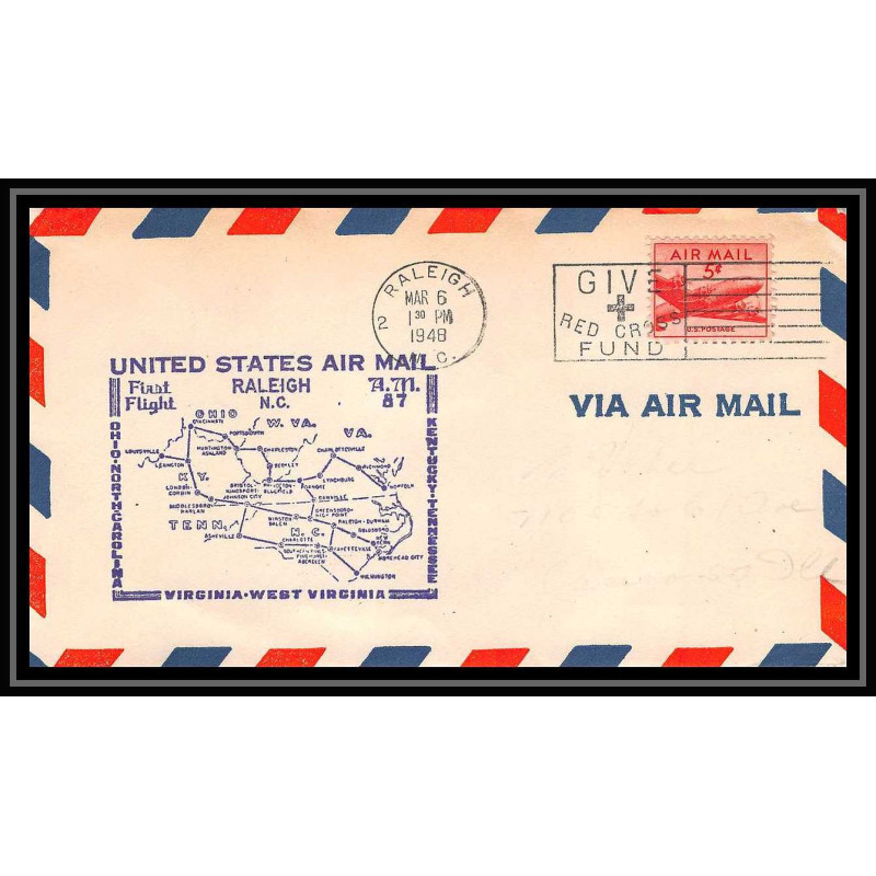 0986e lettre USA Aviation premier vol Airmail cover first flight aeroplane 1948 Raleigh Carolina am 87