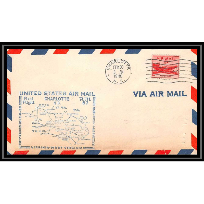 0986g lettre USA Aviation premier vol Airmail cover first flight aeroplane 1948 Greensboro Charlotte am 87