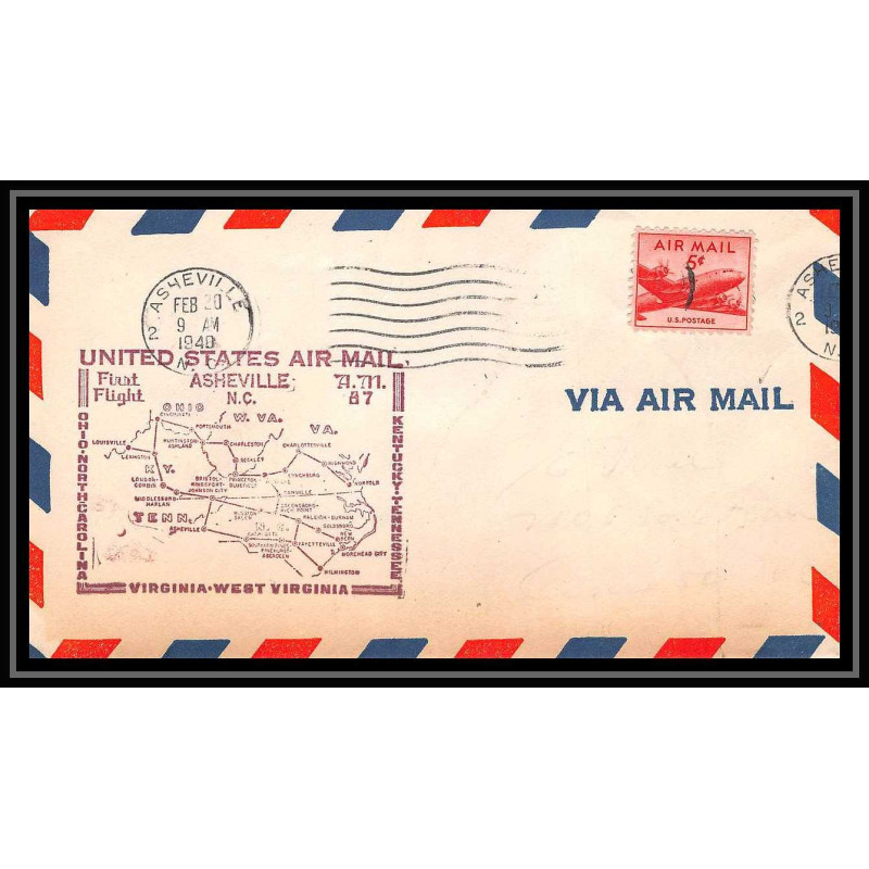 0986h lettre USA Aviation premier vol Airmail cover first flight aeroplane 1948 Asheville Carolina am 87