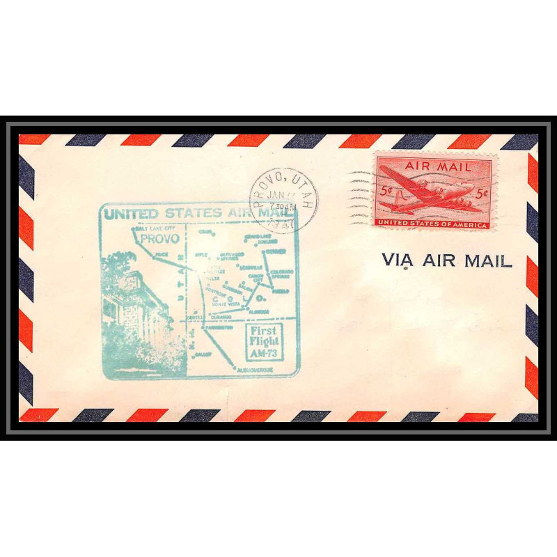 0990 lettre USA Aviation premier vol Airmail cover first flight aeroplane 1947 Provo (Utah) AM 73