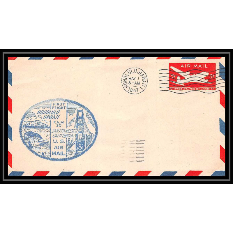 0998 lettre USA Aviation premier vol Airmail cover first flight aeroplane 1947 FAM 30 Honolulu hawaii