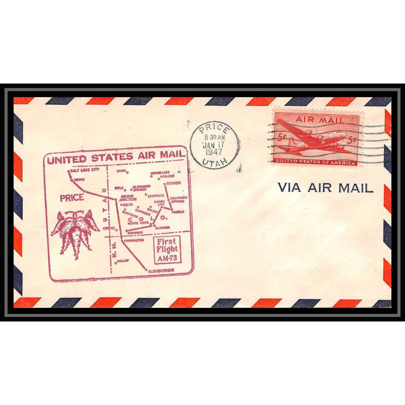 1001 lettre USA Aviation premier vol Airmail cover first flight aeroplane 1947 Price (Utah) AM-73