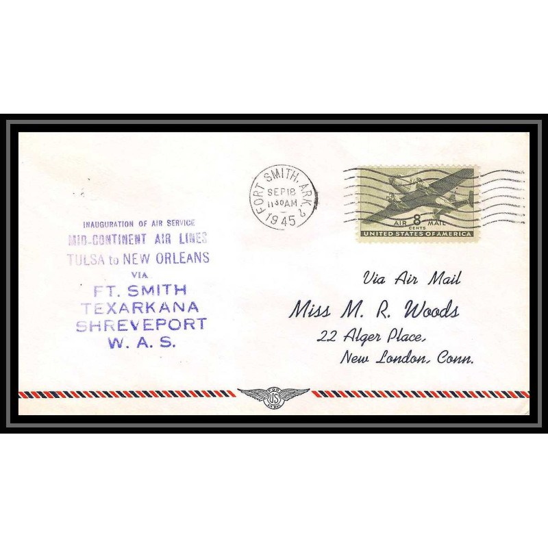 1031 lettre USA Aviation premier vol Airmail cover first flight aeroplane 1945 Fort Smith TULSA New Orleans