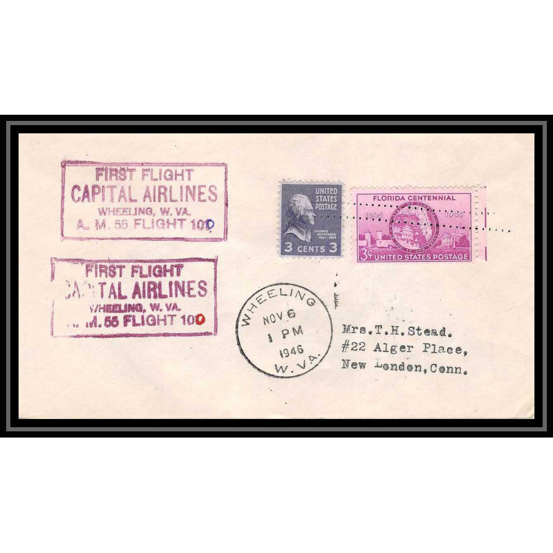 1038 lettre USA Aviation premier vol Airmail cover first flight aeroplane 1946 Capital Airlines Wheeling