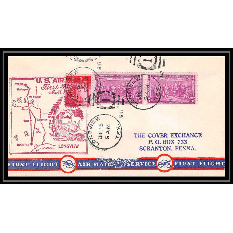 1045 lettre USA Aviation premier vol Airmail cover first flight aeroplane 1947 Route AM 30 Longview, Texas