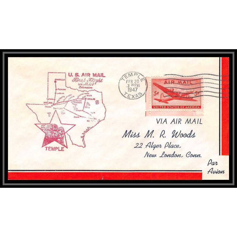 1049 lettre USA Aviation premier vol Airmail cover first flight aeroplane 1947 Route AM 64 Temple, Texas
