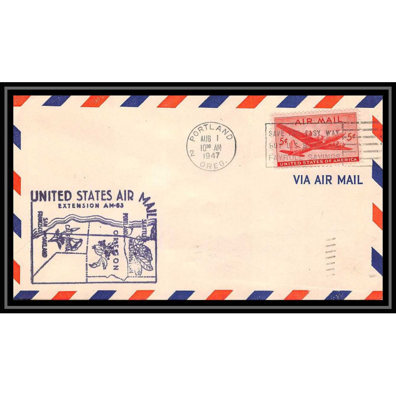 1051 lettre USA Aviation premier vol Airmail cover first flight aeroplane 1947 EXTENTION AM 63 Portland (Oregon)