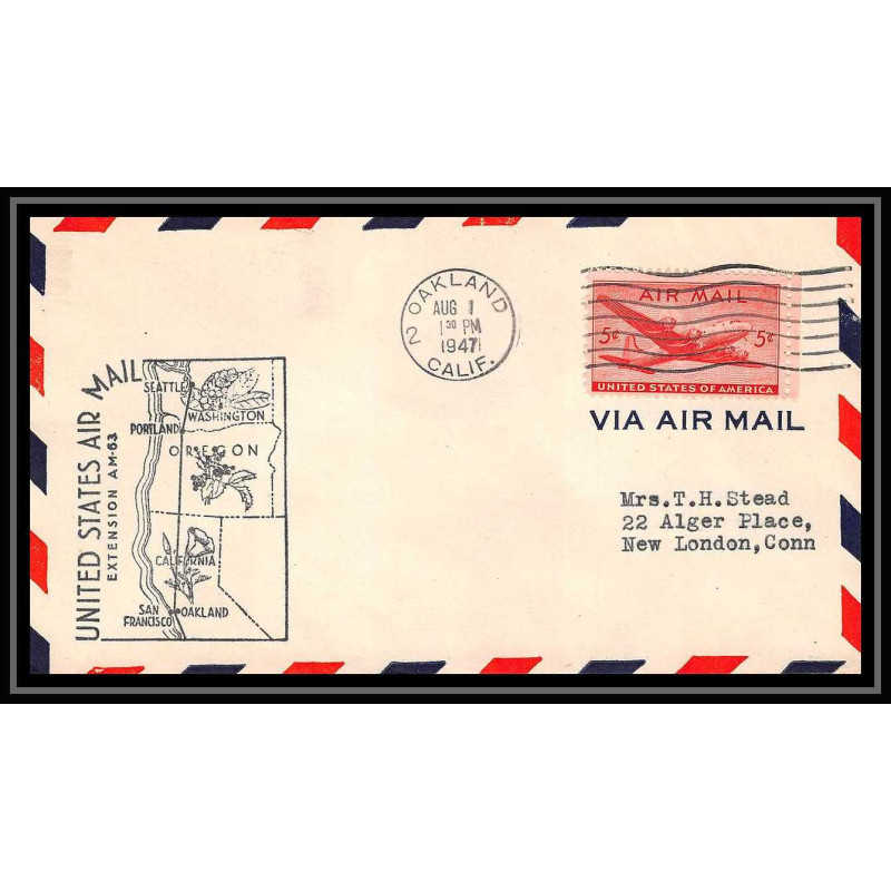 1052 lettre USA Aviation premier vol Airmail cover first flight aeroplane 1947 Route AM 63 Oakland, California