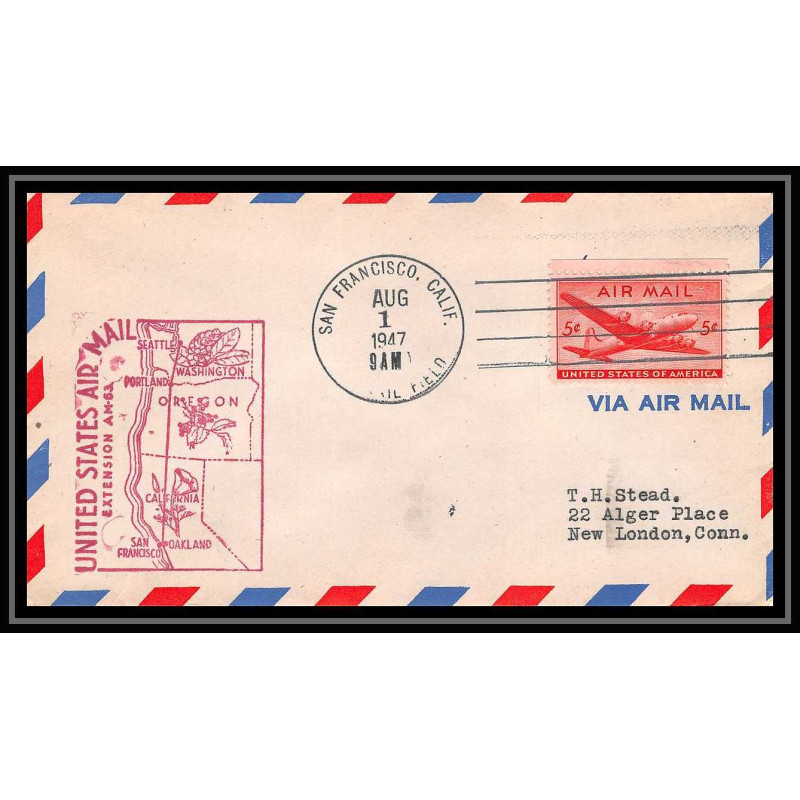 1053 lettre USA Aviation premier vol Airmail cover first flight aeroplane 1947 Route AM 63 San Francisco