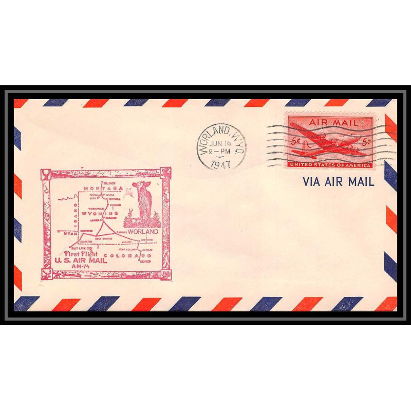 1066 lettre USA Aviation premier vol Airmail cover first flight aeroplane 1947 AM 74 Worland, Wyoming