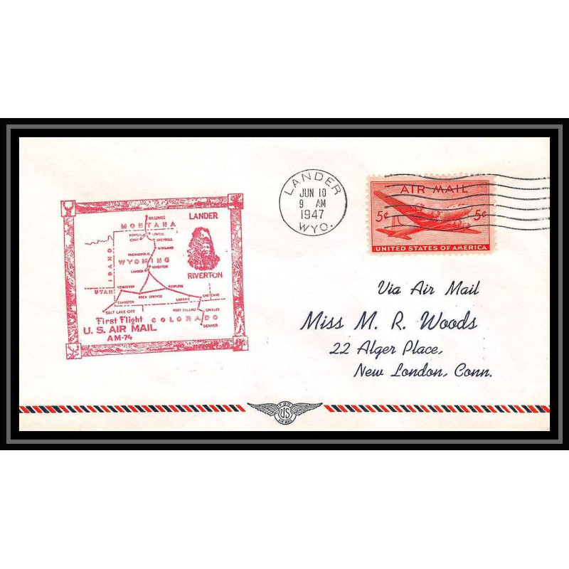 1067 lettre USA Aviation premier vol Airmail cover first flight aeroplane 1947 AM 74 Lander, Wyoming