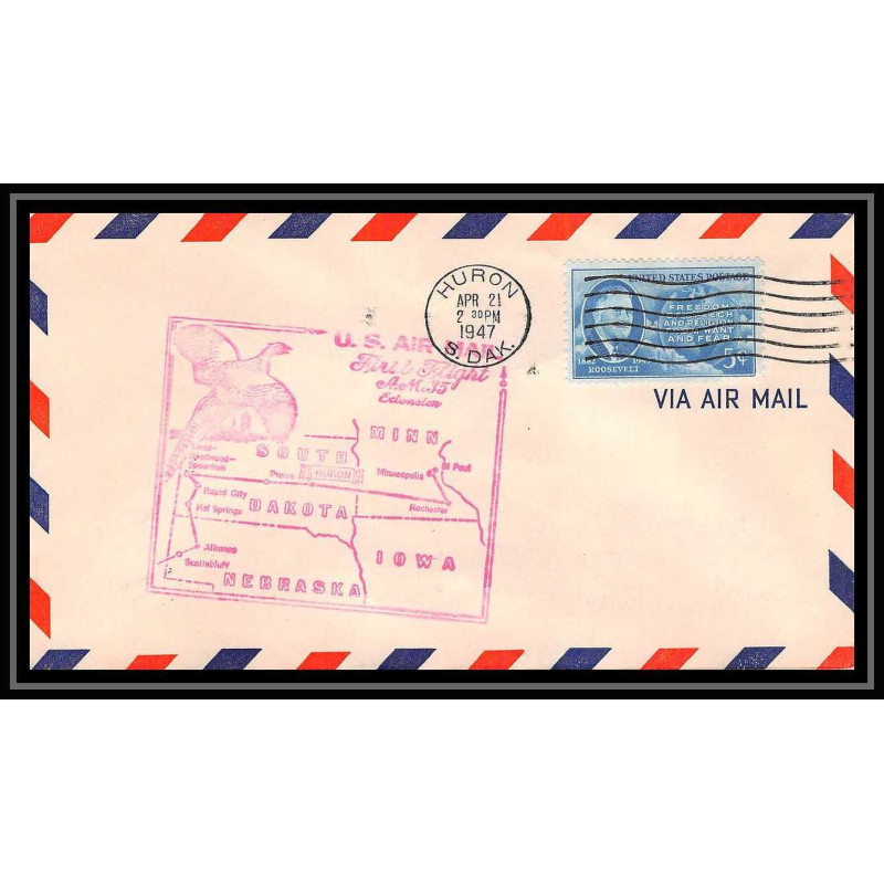 1073 lettre USA Aviation premier vol Airmail cover first flight aeroplane 1947 AM 35 Huron, South Dakota