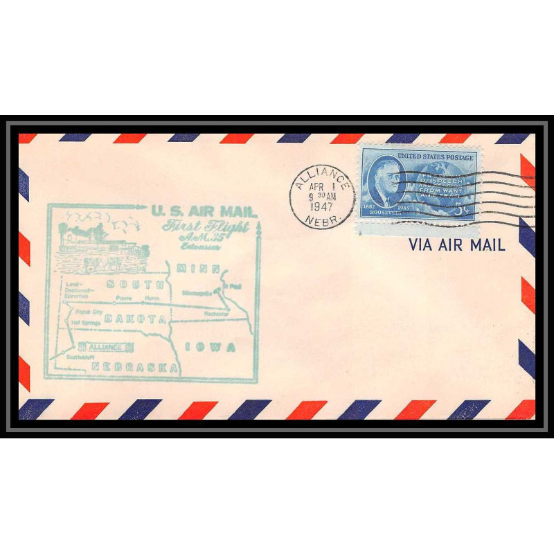 1076 lettre USA Aviation premier vol Airmail cover first flight aeroplane 1947 AM 35 Alliance, Nebraska