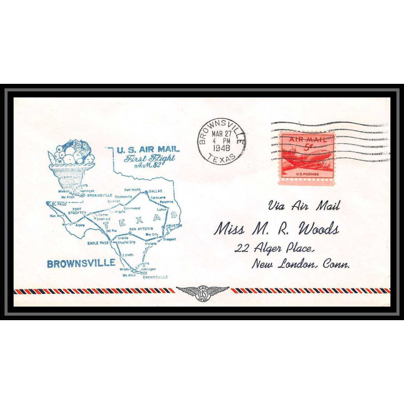 1078 lettre USA Aviation premier vol Airmail cover first flight aeroplane 1948 AM 82 Brownsville (Texas)