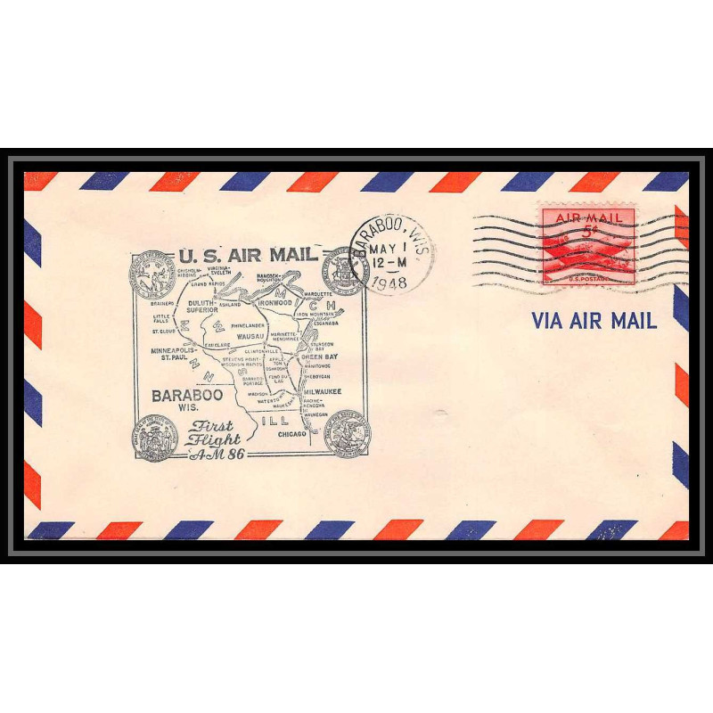 1090 lettre USA Aviation premier vol Airmail cover first flight aeroplane 1948 AM 86 Baraboo, Wisconsin