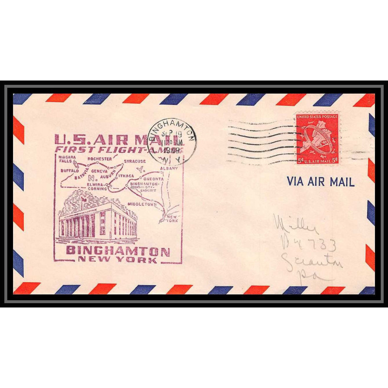 1092 lettre USA Aviation premier vol Airmail cover first flight aeroplane 1948 Binghamton, New York