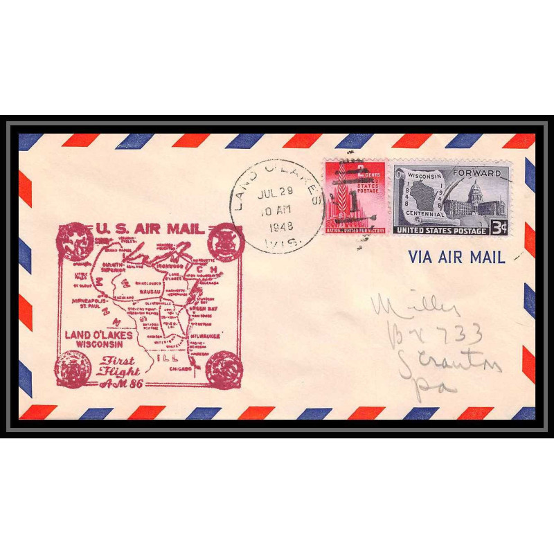 1094 lettre USA Aviation premier vol Airmail cover first flight aeroplane 1948 AM 86 Land O'Lakes