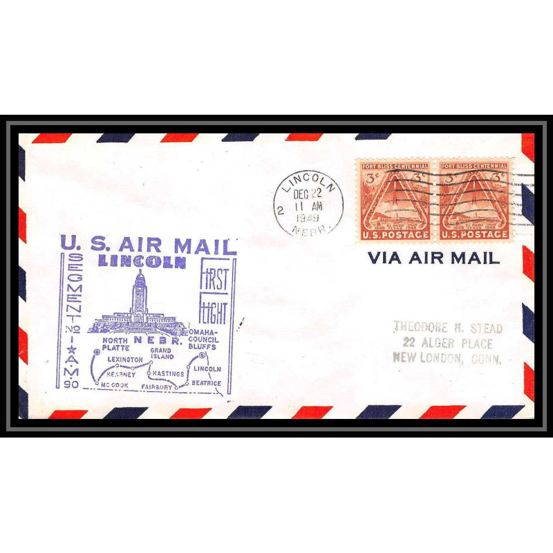 1103 lettre USA Aviation premier vol Airmail cover first flight aeroplane 1949 AM 90 Lincoln, Nebraska