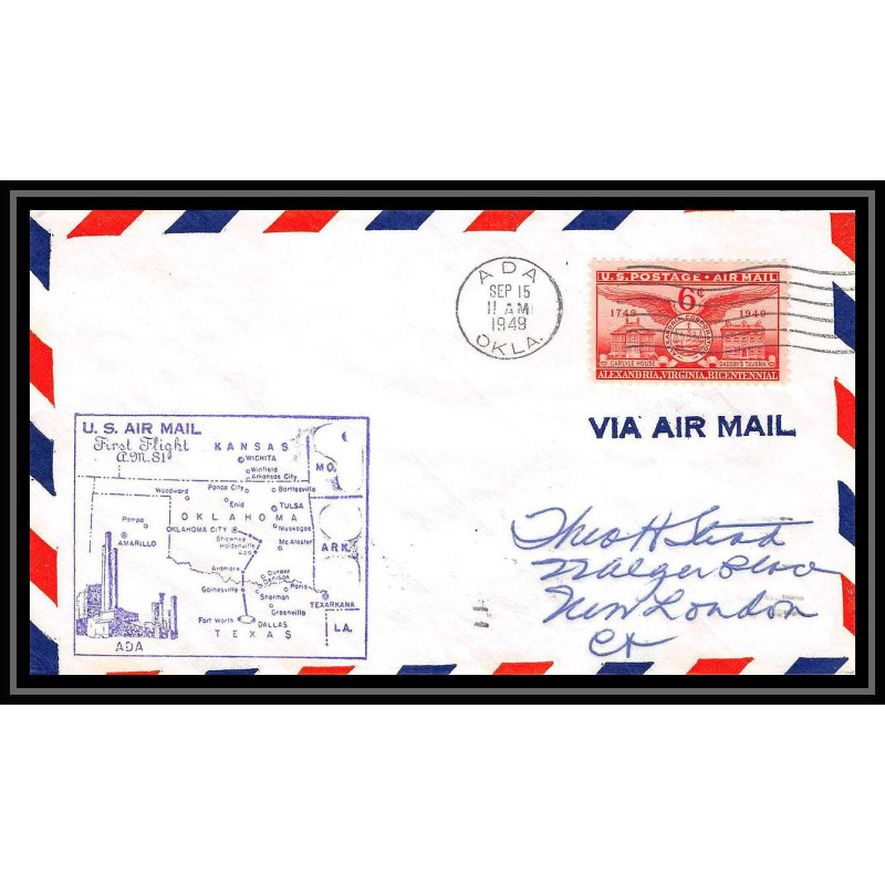1104 lettre USA Aviation premier vol Airmail cover first flight aeroplane 1949 AM 81 Ada (Oklahoma)