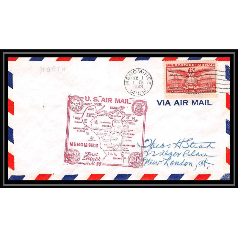 1106 lettre USA Aviation premier vol Airmail cover first flight aeroplane 1949 AM 86 Menominee, Michigan