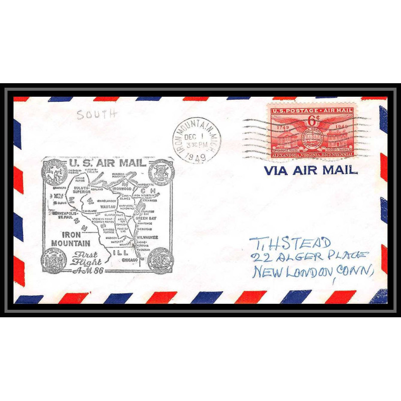 1108 lettre USA Aviation premier vol Airmail cover first flight aeroplane 1949 AM 86 Iron Mountain, Michigan