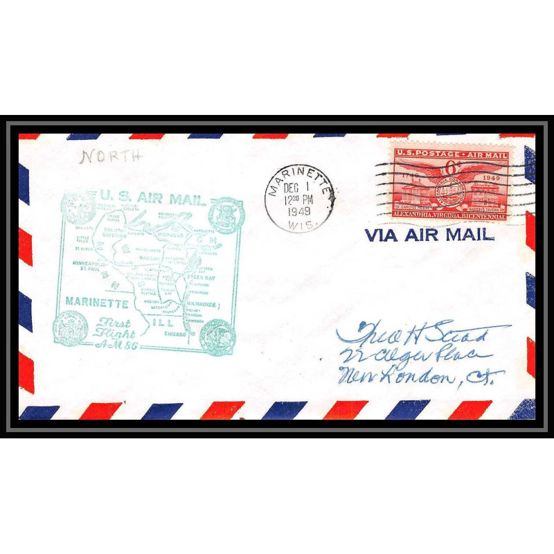 1118 lettre USA Aviation premier vol Airmail cover first flight aeroplane 1949 AM 86 Marinette, Wisconsin